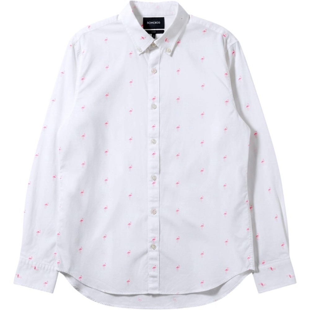 Bonobos Flamingo Print Slim Fit Button Down Shirt Men's L White EUC